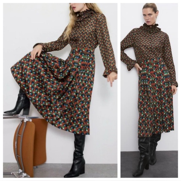 ZARA Toffee Printed Pleated SkirtSz SElegant Midi SkirtWardrobe Staple